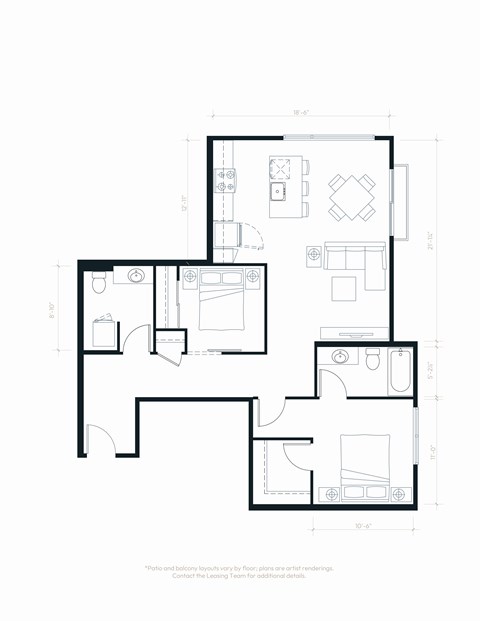 Floor plan for 2 beds, 2 baths, 961 sqft